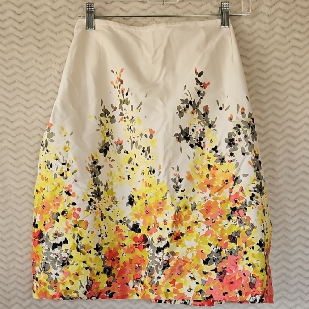 TAHARI Plus Size Floral Print Skirt - White, Yellow, Orange